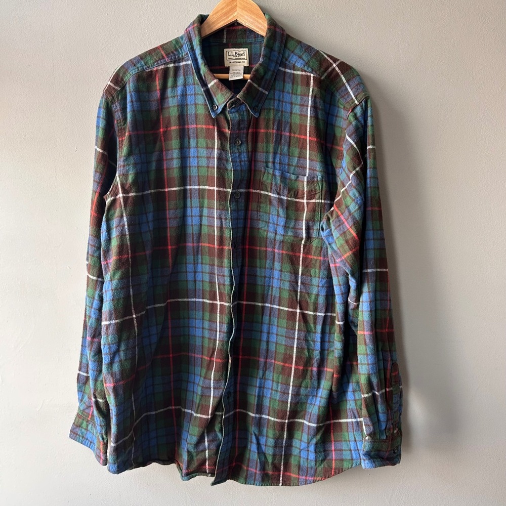 LL Bean Mens Traditional Fit Flannel Plaid Shirt Green Blue XXL